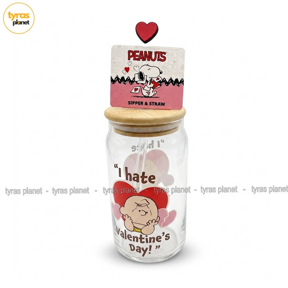 Peanuts Valentines Day Charlie Brown Glass with Wood Lid and Straw New 2026